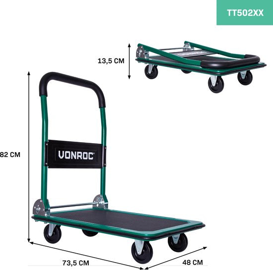 VONROC - TT502XX Chariot à plate-forme - Pliable - max 150kg - Vert - 73x47x82 cm