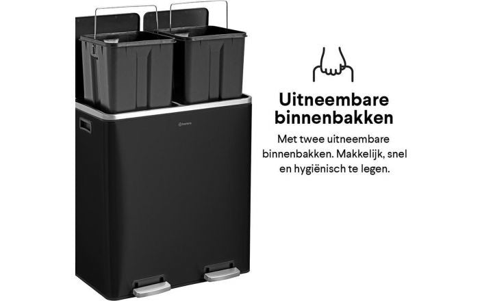 Homra QUICKX Duo - Poubelle - Séparation des déchets - 2 compartiments - acier inoxydable - 60 litres (2x30 L) - Noir