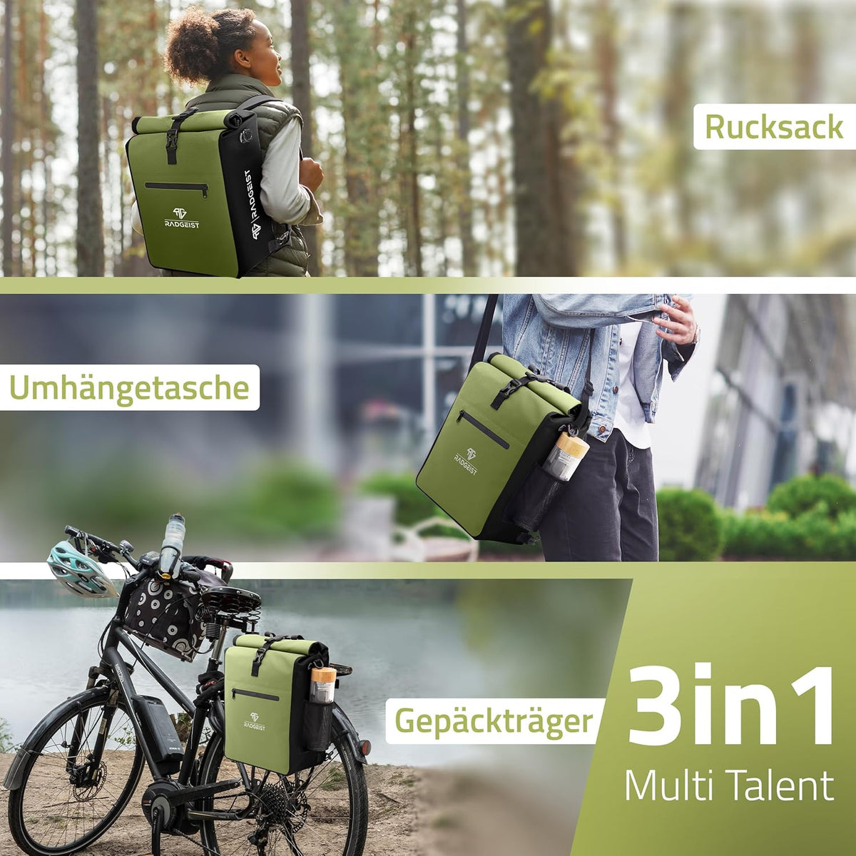 RADGEIST 3in1 sac à vélo pour porteur I sac à vélo et sac à dos 25L I 100% étanche