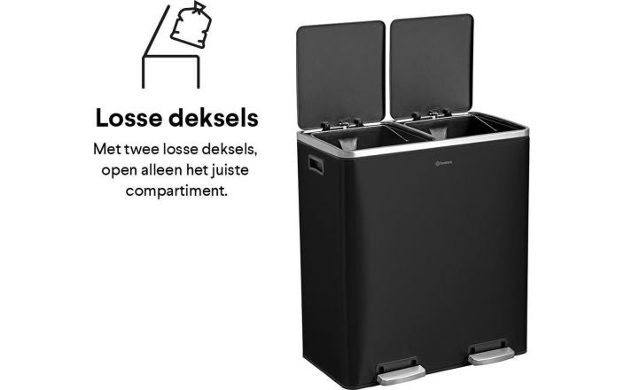 Homra QUICKX Duo - Poubelle - Séparation des déchets - 2 compartiments - acier inoxydable - 60 litres (2x30 L) - Noir