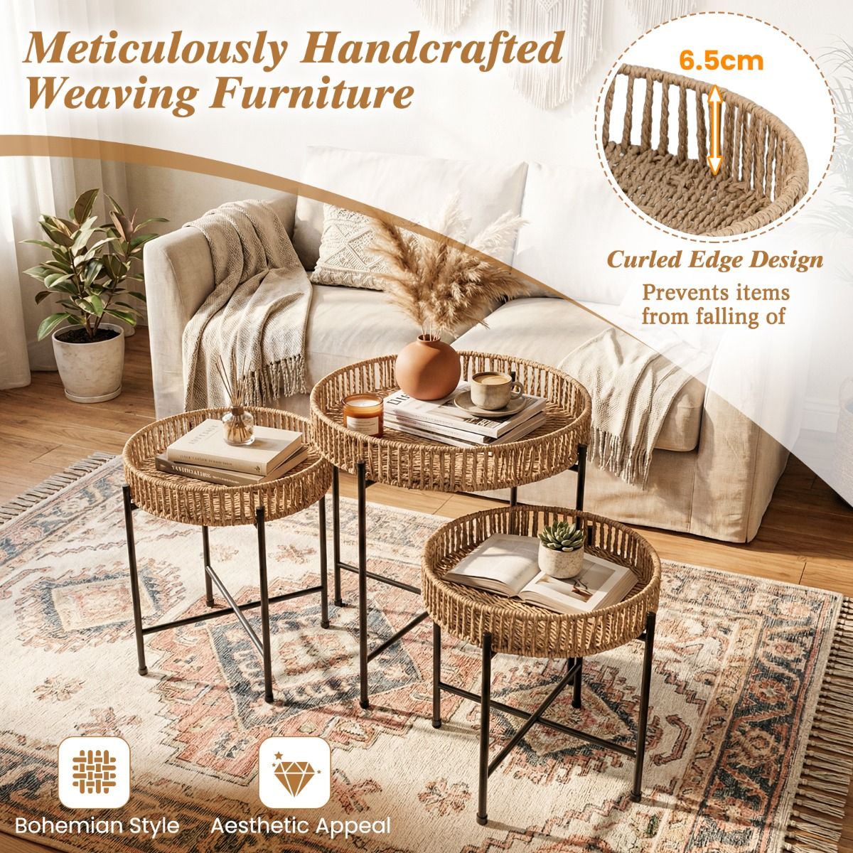 Ensemble de tables d'appoint rondes Coast - tressage bohème fait main - pieds en métal - couleur naturelle - lot de 3