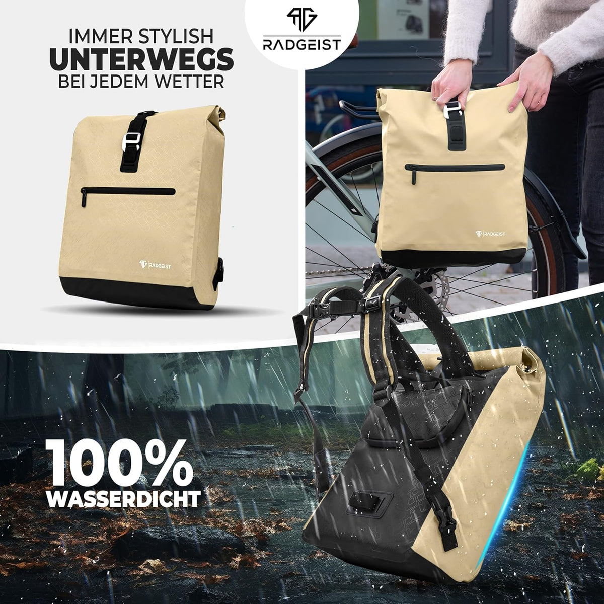 RADGEIST sac à vélo pour porteur I sac à vélo & sac à dos I sac à vélo pour femmes & hommes I sac à bandoulière & sac à vélo pour vélo 20L sable