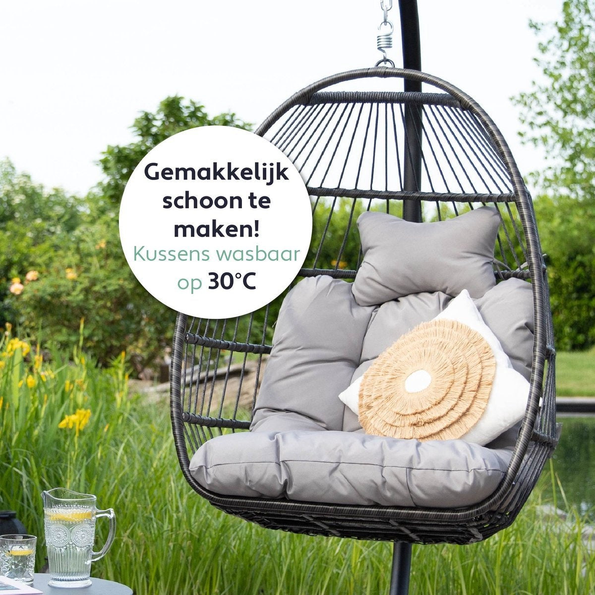Chaise suspendue Vita5 Egg - avec support - intérieur et extérieur - chaise cocon - pliable - jusqu'à 150 kg - coussin et housse inclus - gris clair