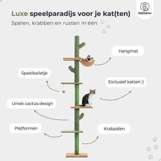 Kattenu CactusTower - Grand arbre à chat fixant au plafond - Réglable de 229 à 275 cm - Vert - Arbre à chat fixant au plafond pour chats
