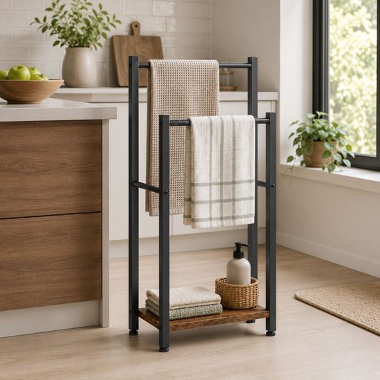Porte-serviettes sur pied – 2 barres – Métal-MDF – Porte-serviettes de salle de bains – 80 cm