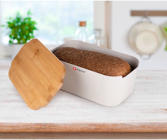 Boîte à pain Alpina 33 x 18,5 x 12 cm – Boîte à pain avec couvercle en bambou – Couvercle pouvant également servir de planche à découper – Format compact – Pour conserver le pain – Accessoire de cuisine