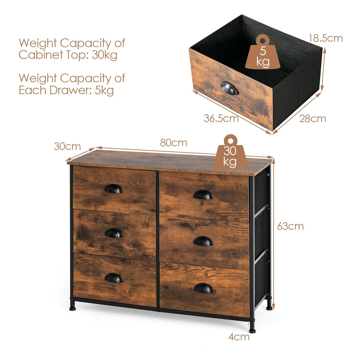 Commode Coast - avec 6 tiroirs - bois - 3 niveaux - brun rustique