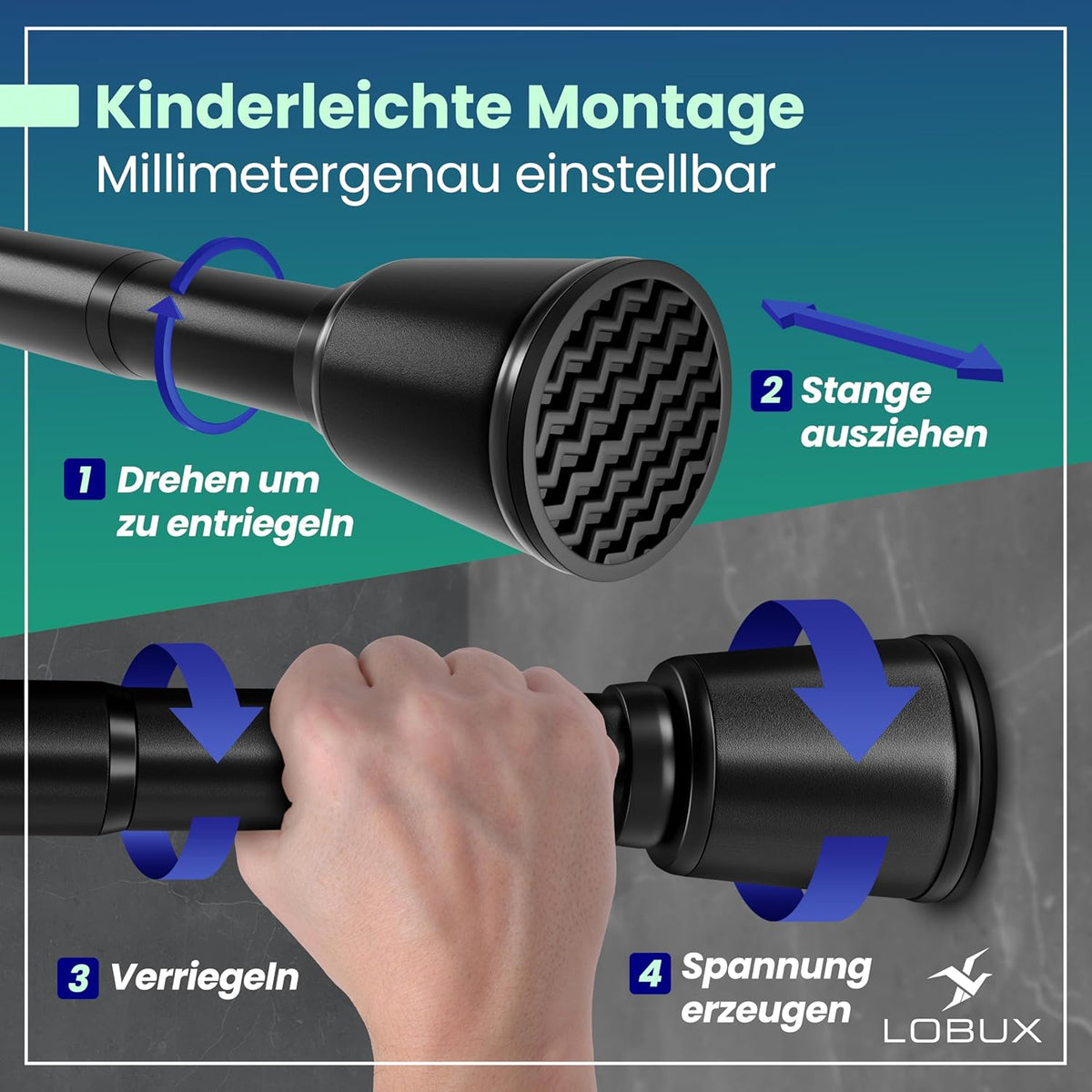 LOBUX® - Tringle à rideau sans perçage [noir, 110-250cm] - tringle télescopique extension de rideau - tringle de douche sans perçage - tringle à rideau, tringle à rideau de douche, tringle à linge, tringle de serrage filet de chat