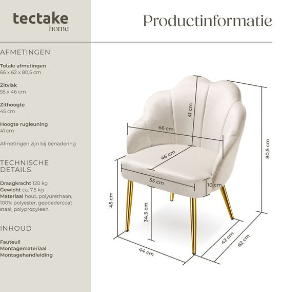 tectake® Chaise cocktail - Revêtement en velours - Rembourrage souple - Dossier incurvé - Pieds en acier revêtus de poudre - Crème/Dorée