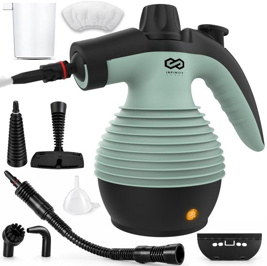 Nettoyeur vapeur Infinity Goods - Nettoyeur vapeur à main 12-en-1 - Nettoyeur vapeur à main - Détachant - Nettoyeur de tapis - 10 embouts - 1 050 watts - 3,2 bars - Vert