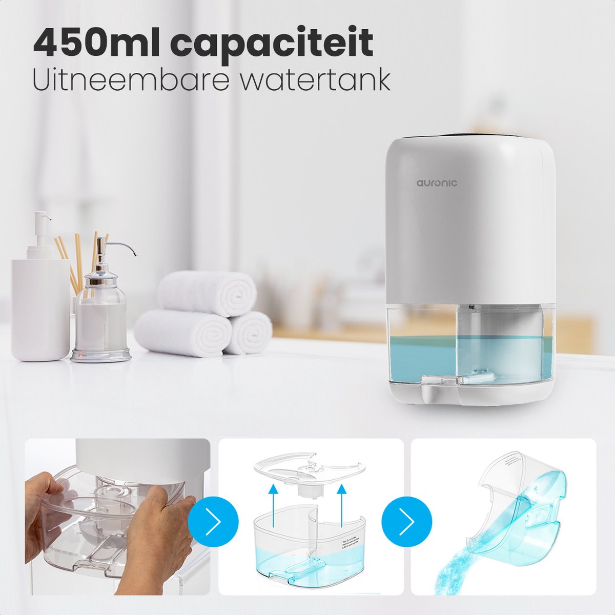 Déshumidificateur Auronic – Réservoir de 1 L, 450 ml par jour, 40 W – 25,6 x 15 x 15 cm – Blanc