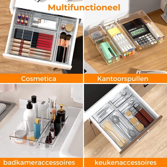 Posity Organisateur de tiroirs - 16 pièces - Plateaux d'organisation - Plateaux de tiroirs - Plateaux de stockage - Organisateur de maquillage - Pour la cuisine, la salle de bain et le bureau - Plastique - Transparent