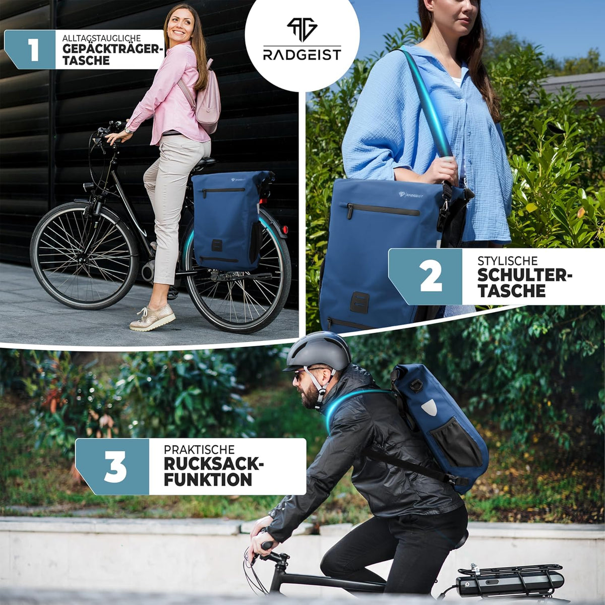 RADGEIST 3in1 sacoche vélo pour porteur I sacoche vélo, sac à dos et sac à bandoulière 18-22L I sacoche vélo 100% étanche Bleu