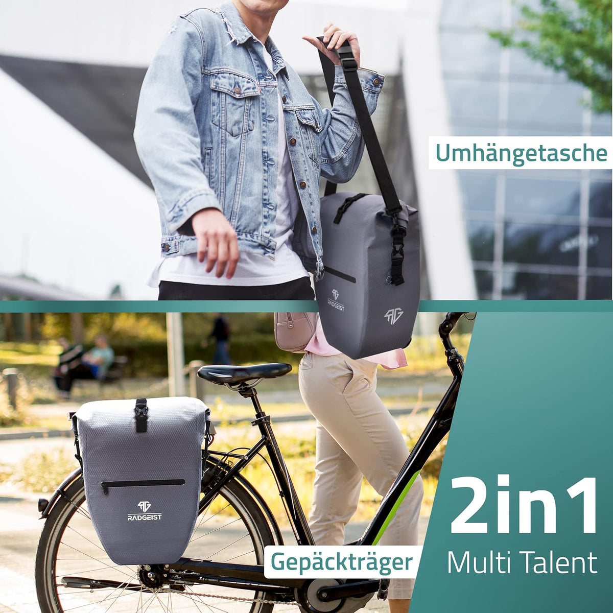 RADGEIST sacoche de vélo pour porte-bagages - 2X sacoche pour porte-bagages - sac à bagages étanche et sac à bandoulière - sacoche de vélo avec réflecteurs