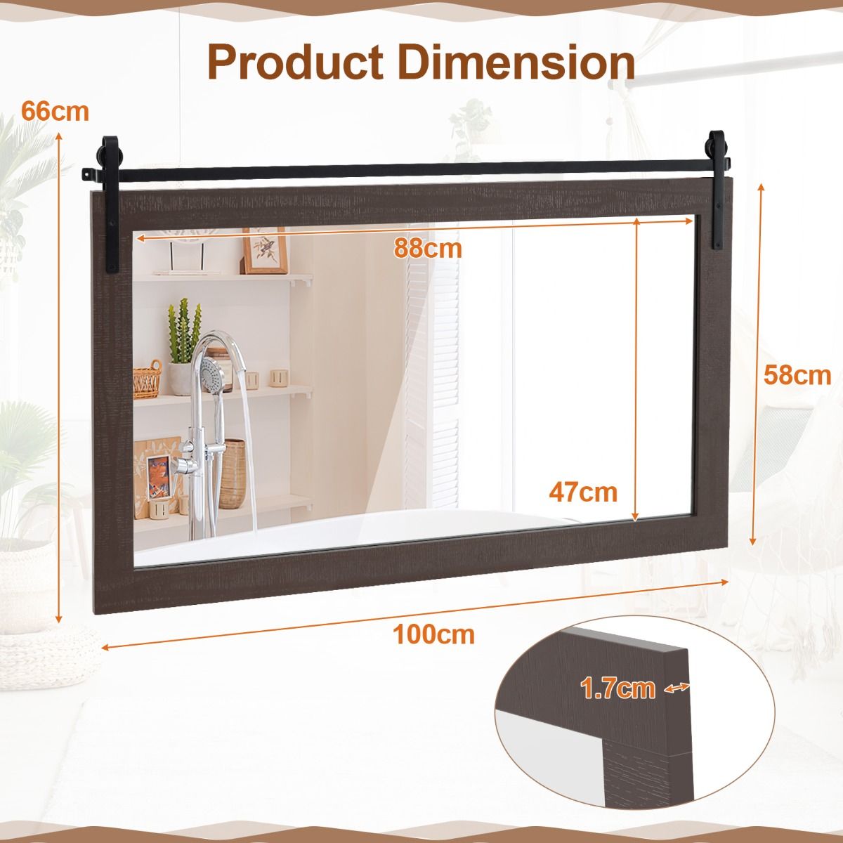 Miroir mural Coast - cadre rectangulaire en bois massif - verre incassable - marron foncé 100 x 66 cm