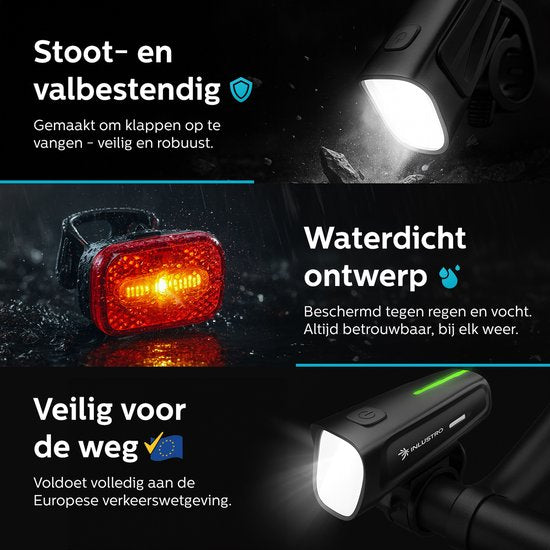 Inlustro Kit d'éclairage LED rechargeable pour vélo - Avec réduction de l'éblouissement et capteur de freinage - Éclairage pour vélo de route / cyclisme / VTT - Éclairage de vélo rouge et phare blanc - Éclairage avant Éclairage arrière Éclairage de vélo -