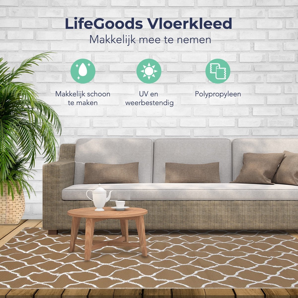 LifeGoods Tapis d'extérieur - 274x350CM - Tapis de jardin - Réversible - Sac de transport inclus - Avec motif - Beige/Blanc