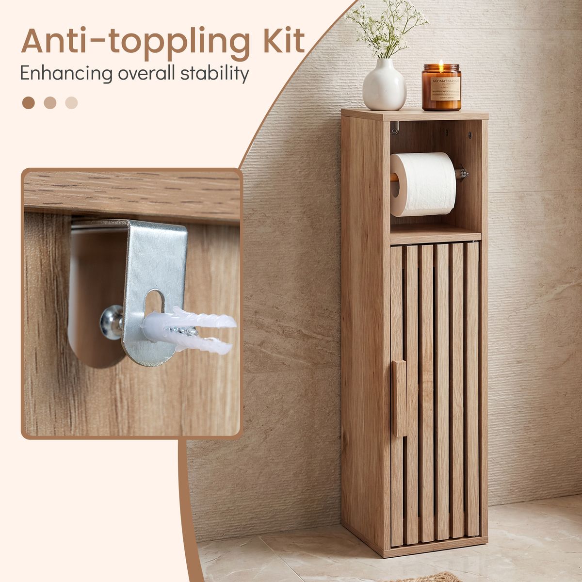 Armoire de salle de bains Coast Smalle - porte-papier toilette - étagère réglable - couleur naturelle 20 x 19 x 78 cm