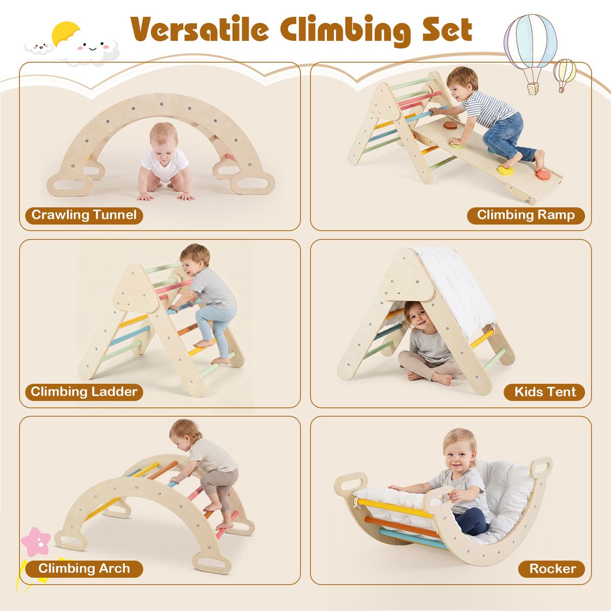 Structure d'escalade en bois Coast Montessori - Ensemble de jeux 3 en 1 comprenant un triangle d'escalade, un arc d'escalade et une rampe - coloré