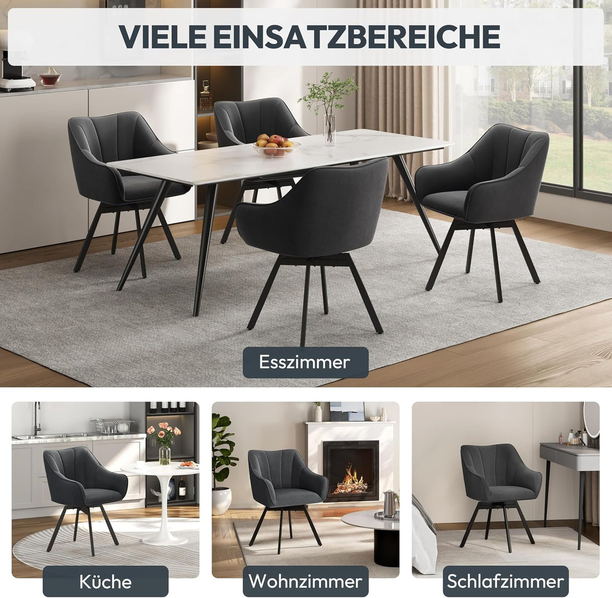 Chaise de salle à manger Yaheetech pivotante à 360° avec accoudoirs - Velours - 55 x 58,5 x 82 cm - Gris foncé