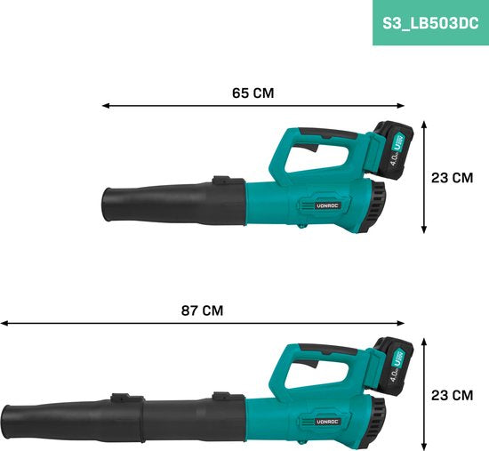 VONROC Accu Leaf Blower 20V - Modèle axial - Vitesse d'air 129 km/h - Volume d'air 7m3/min - Batterie 4.0Ah et chargeur rapide inclus