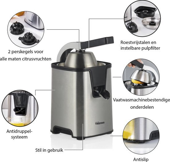 Presse-agrumes électrique Tristar - CP-3009 - 350 W - Avec 2 cônes de pressage, filtre à pulpe, système anti-gouttes, levier de pressage - Acier inoxydable