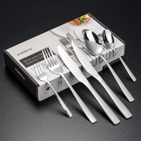 Deleca 12 Person Cutlery Set Essential (72 pieces) - Spoons, Knives, Forks, Steak Knives & Pastry Forks - Dishher safe Cutlery - Shiny Silver / Stainless Steel