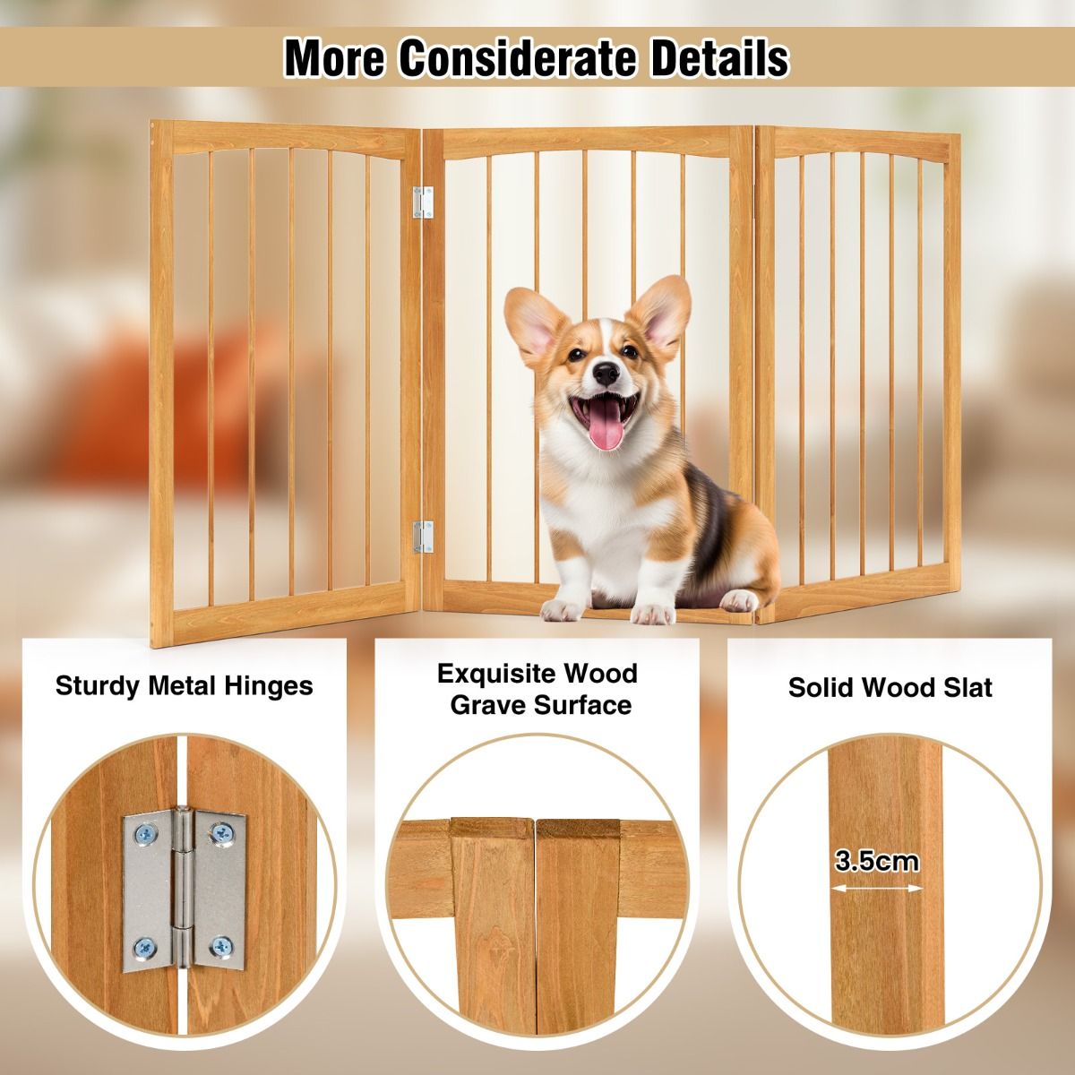 Barrière de sécurité pour chiens Coast - Barrière de protection pliable en 3 parties - bois naturel - 76 cm de haut