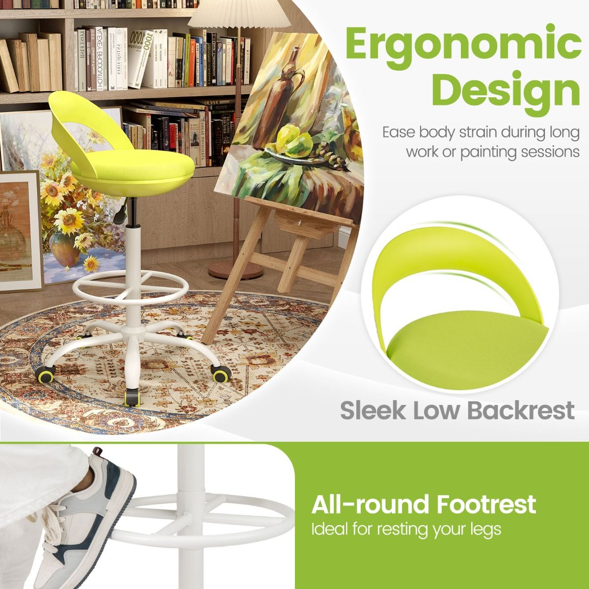 Chaise de travail réglable Coast avec roulettes - Tabouret pivotant ergonomique - Assise en similicuir - Vert