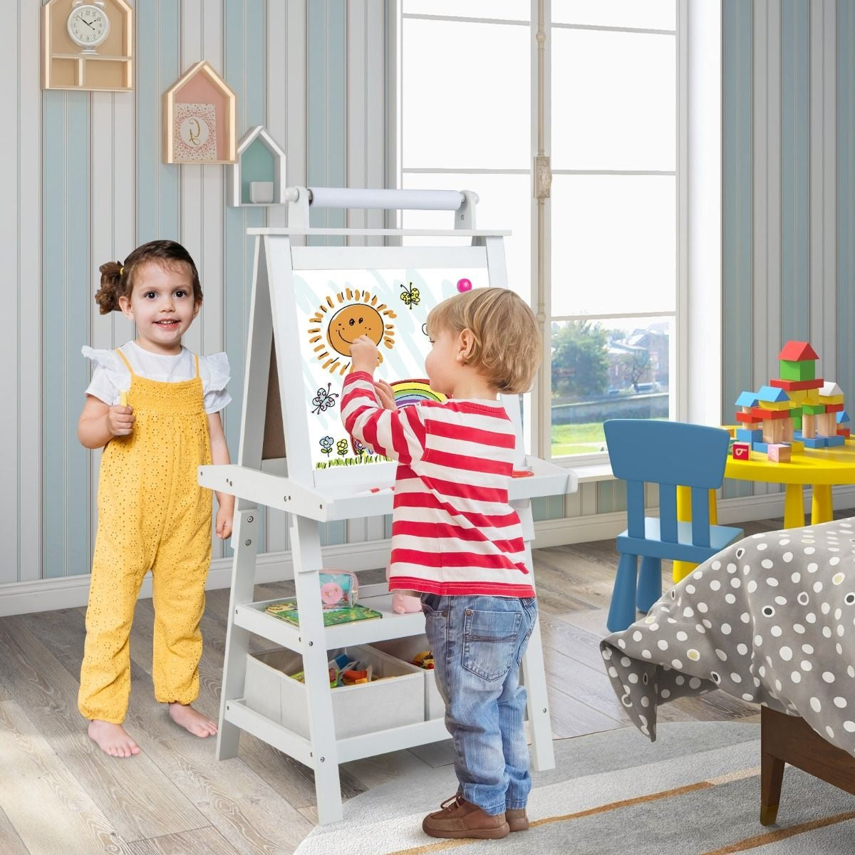 Coast 3 in 1 Children's Easel - Whiteboard & Chalkboard - incl. Magnets 2 Shelves - Beige - 59 x 50 x 117 cm