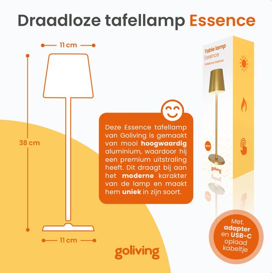 Goliving Essence Lampe de table rechargeable - 2 pièces - Sans fil et dimmable - Lampe tactile moderne - Lampe de nuit pour chambre à coucher - 38 cm - Or