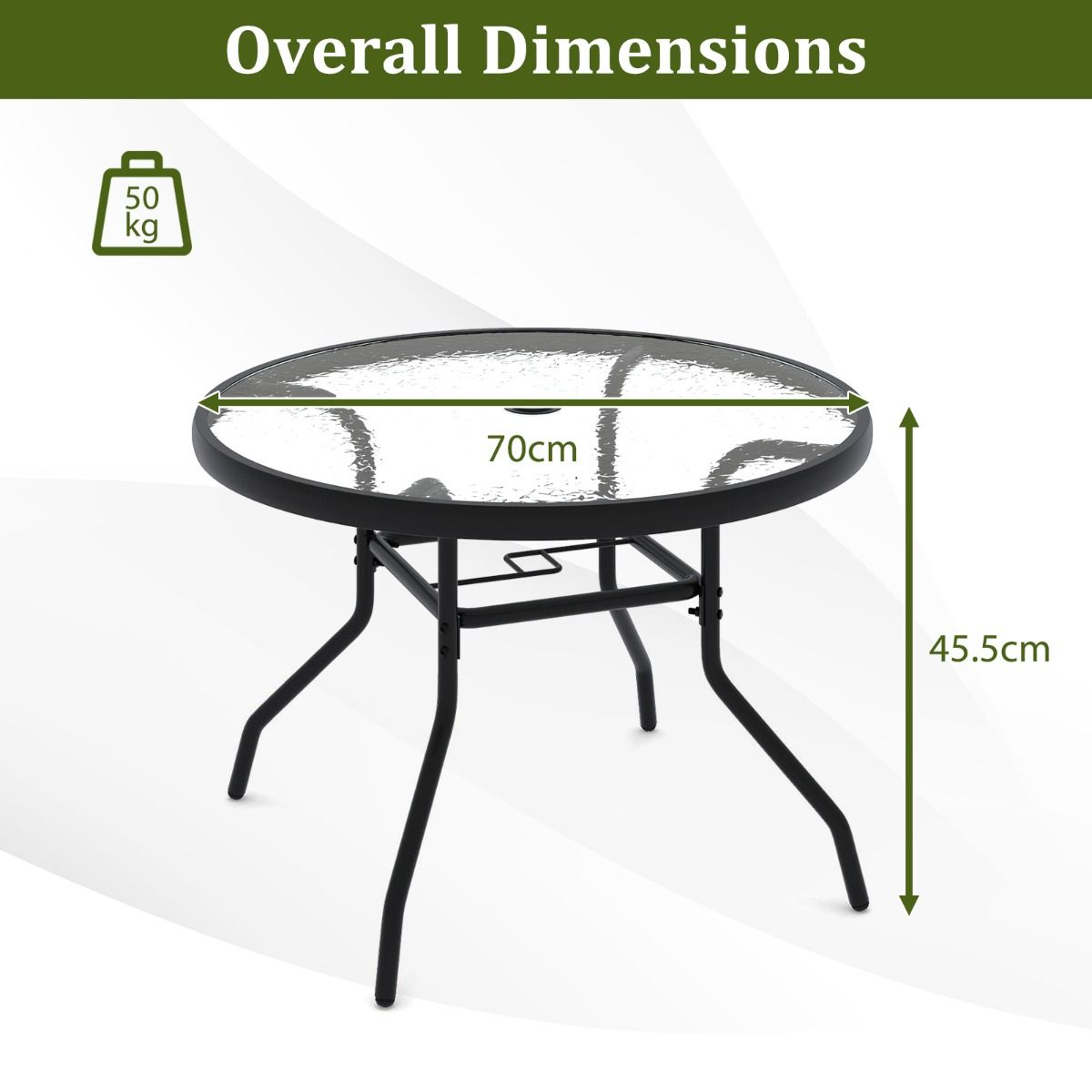 Table d'appoint ronde Coast pour l'extérieur - Plateau en verre trempé - Trou pour parasol de 4,2 cm - Noir 70 x 70 x 45,5 cm