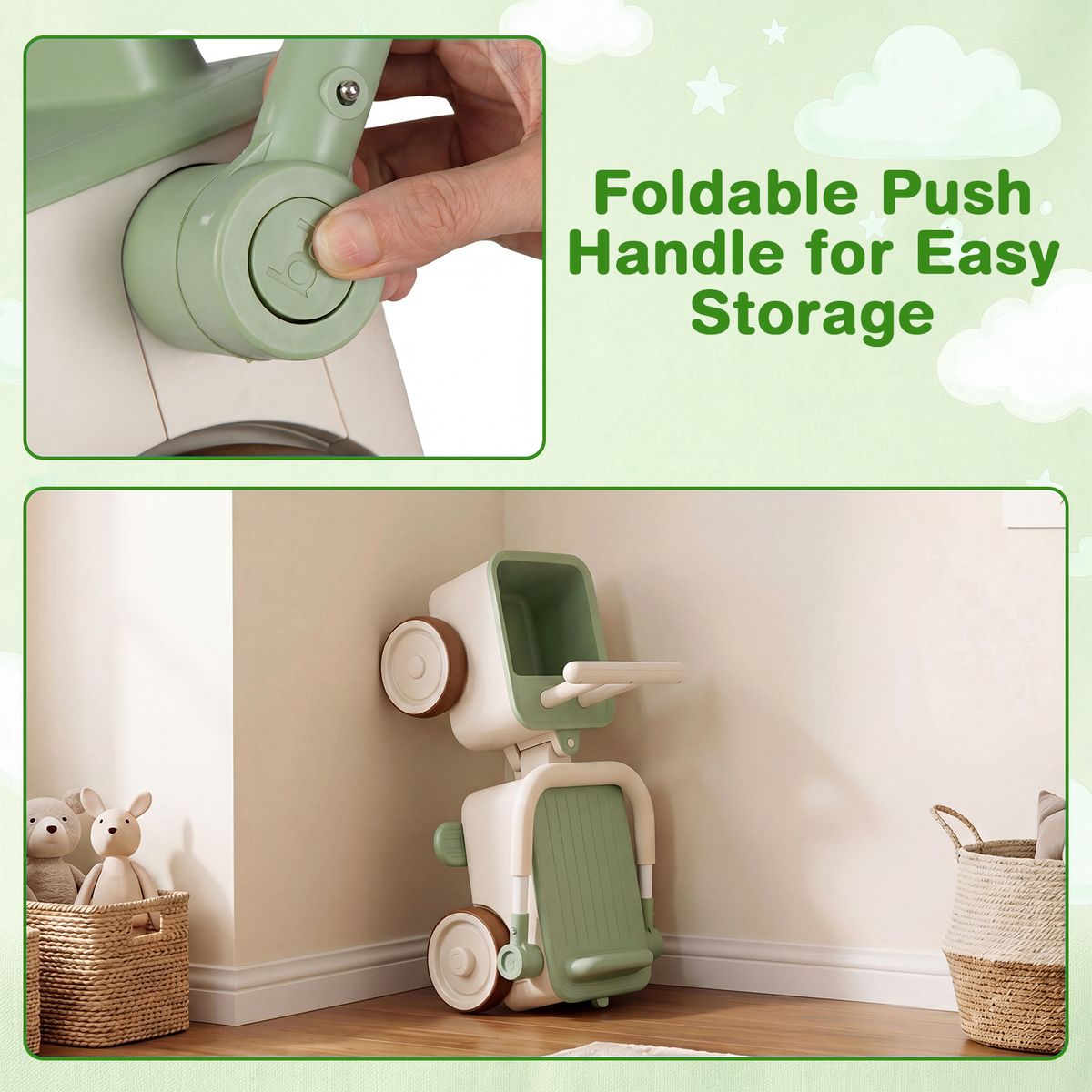 Trotteur 3-en-1 Coast pour enfants - avec espace de rangement - fonction pousser-tirer - vert
