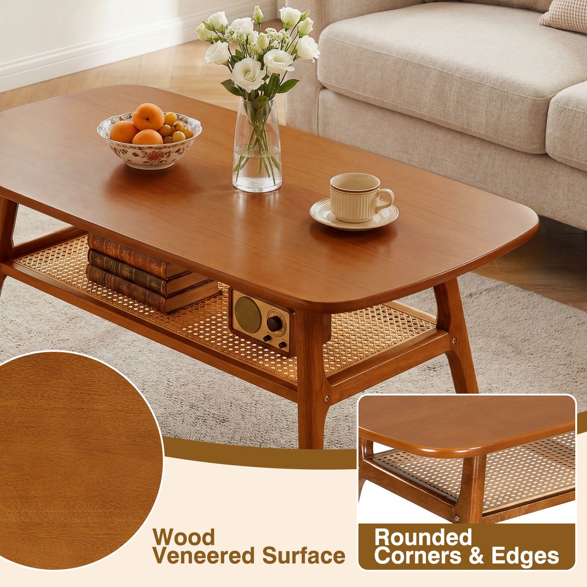 Table basse Coast - avec rangement en rotin - rectangulaire - noyer