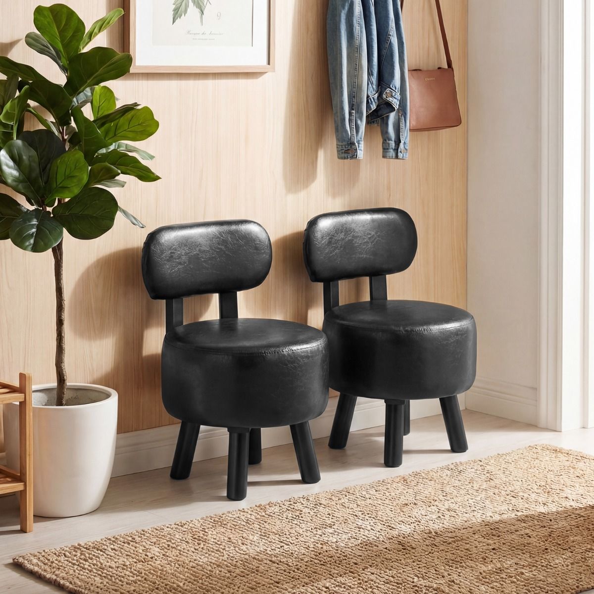 Pouf Coast avec dossier - pouf rembourré - simili cuir - noir - lot de 2