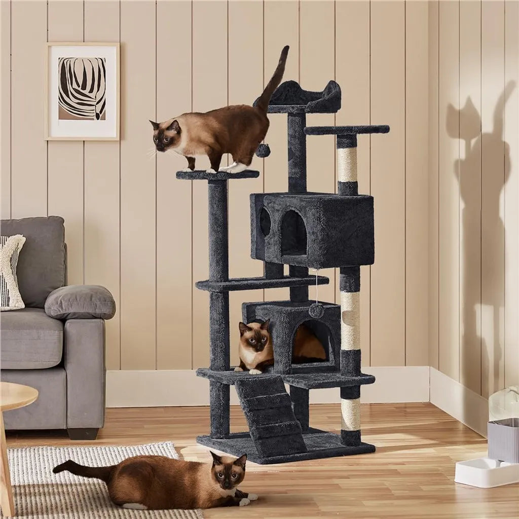 Yaheetech Poste à griffer pour chat 139 cm de haut - 3 plateformes d'observation - 2 enclos confortables pour chat - Noir