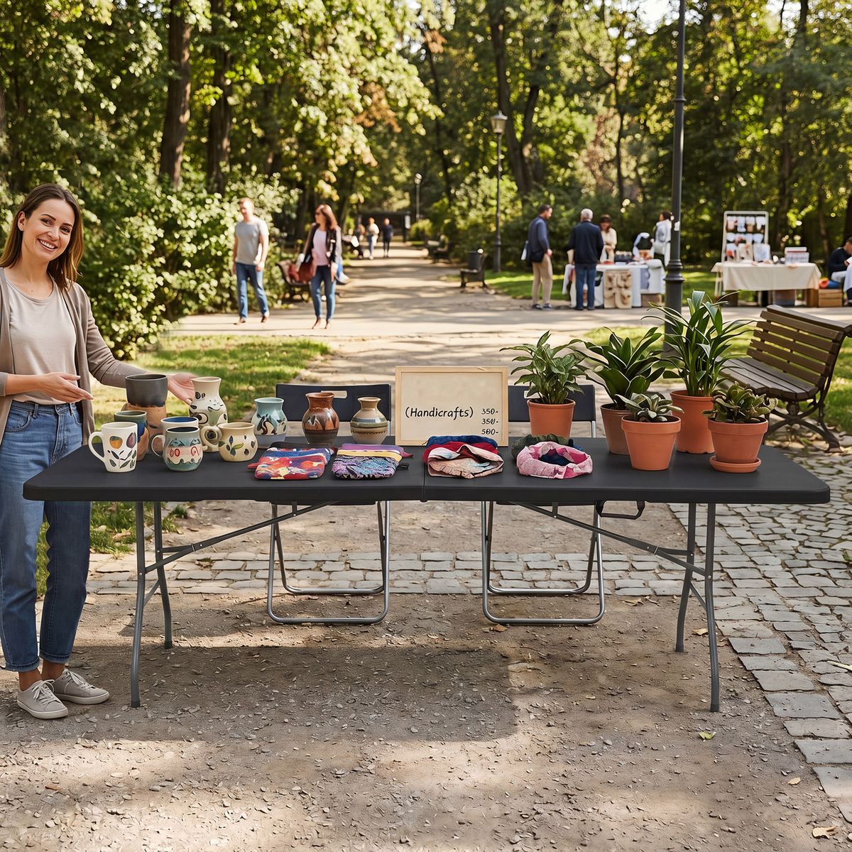 Table de jardin pliante Coast - pour 10 personnes - poignée de transport - noire - 244 x 75 cm