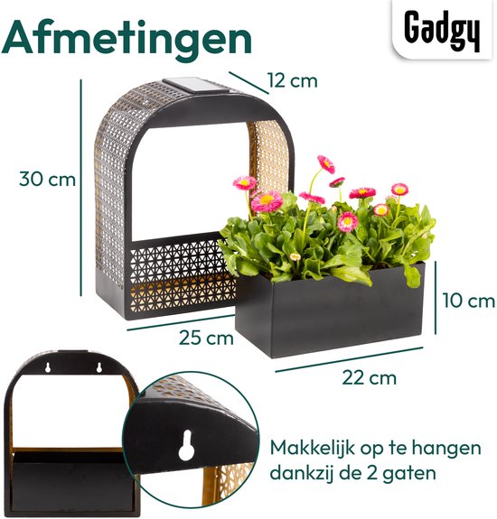 Lampe murale solaire Gadgy avec jardinière amovible – Éclairage de jardin à énergie solaire – LED blanc chaud – 30 x 25 cm – Métal noir