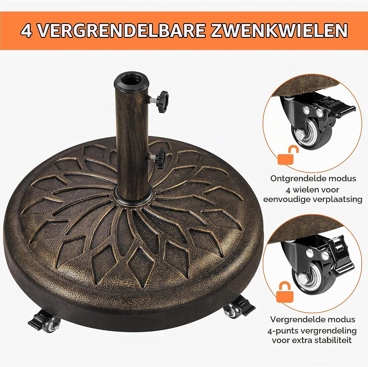 Pied de parasol Yaheetech à roulettes 50,5 x 42 cm - Bronze - Compatible avec les mâts de parasol de ø34/38/48 mm
