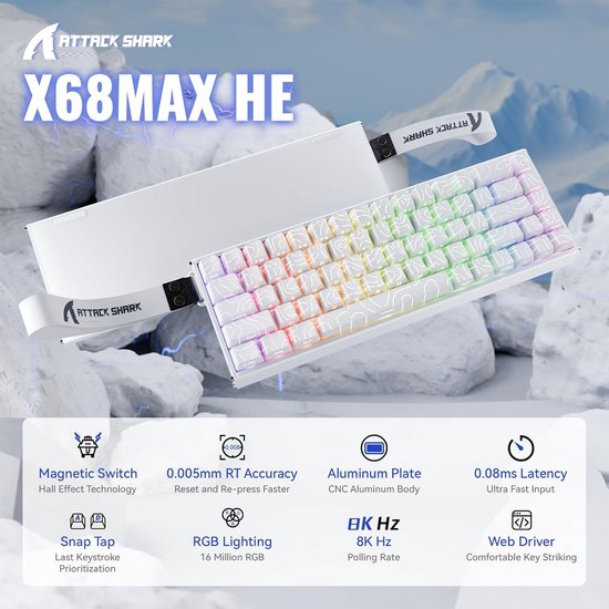 ATTACK SHARK X68MAX HE - Clavier gaming filaire à commutateurs magnétiques - Aluminium CNC - 68 touches - RGB - Touches en PBT imprimées sur le côté - Cordon décoratif - 8 kHz - Temps de réponse de 0,005 mm - Temps de réponse de 0,08 ms - Contour blanc