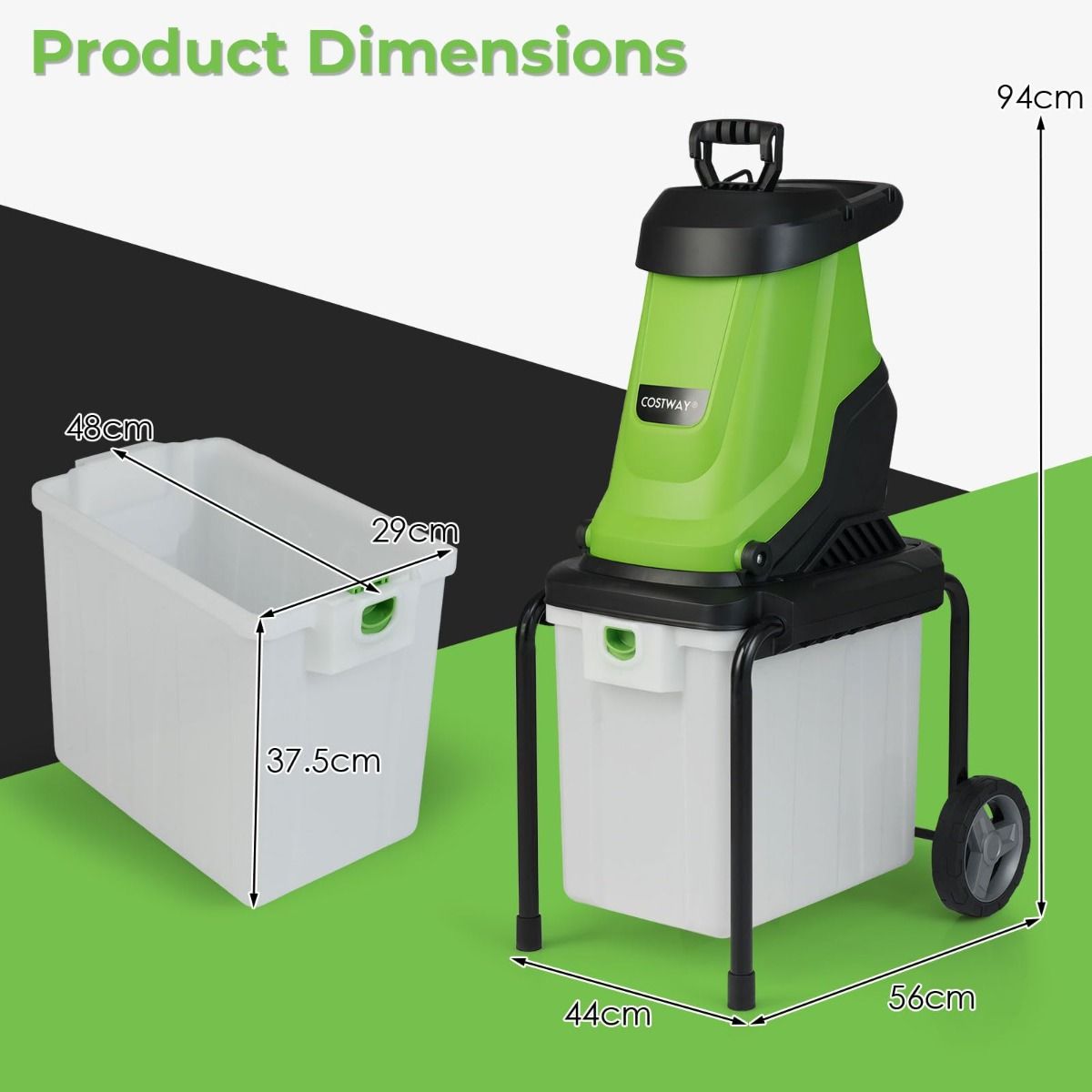 Broyeur de jardin électrique Coast - Moteur de 2 800 W - Bac de collecte de 50 litres - Vert et noir