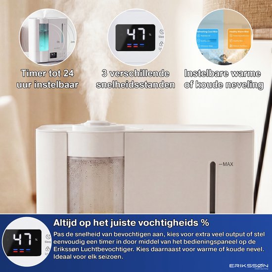 Humidificateur Erikssøn Elite - 8 litres - Convient pour le salon, le bureau, la chambre à coucher, la chambre de bébé - Humidificateur - Avec fonction d'aromathérapie - Blanc