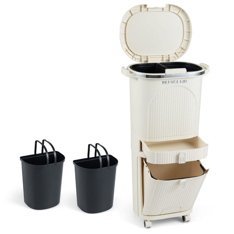 Poubelle de tri sélectif Coast - 3 compartiments - tiroir coulissant - pédale - beige - 42 litres