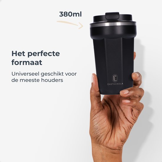 Castagnola Thermos Cup - Coffee Mug To Go - Travel Mug for Coffee and Tea - Tea Mug - 380 ML - Stainless Steel - Black - Octagon