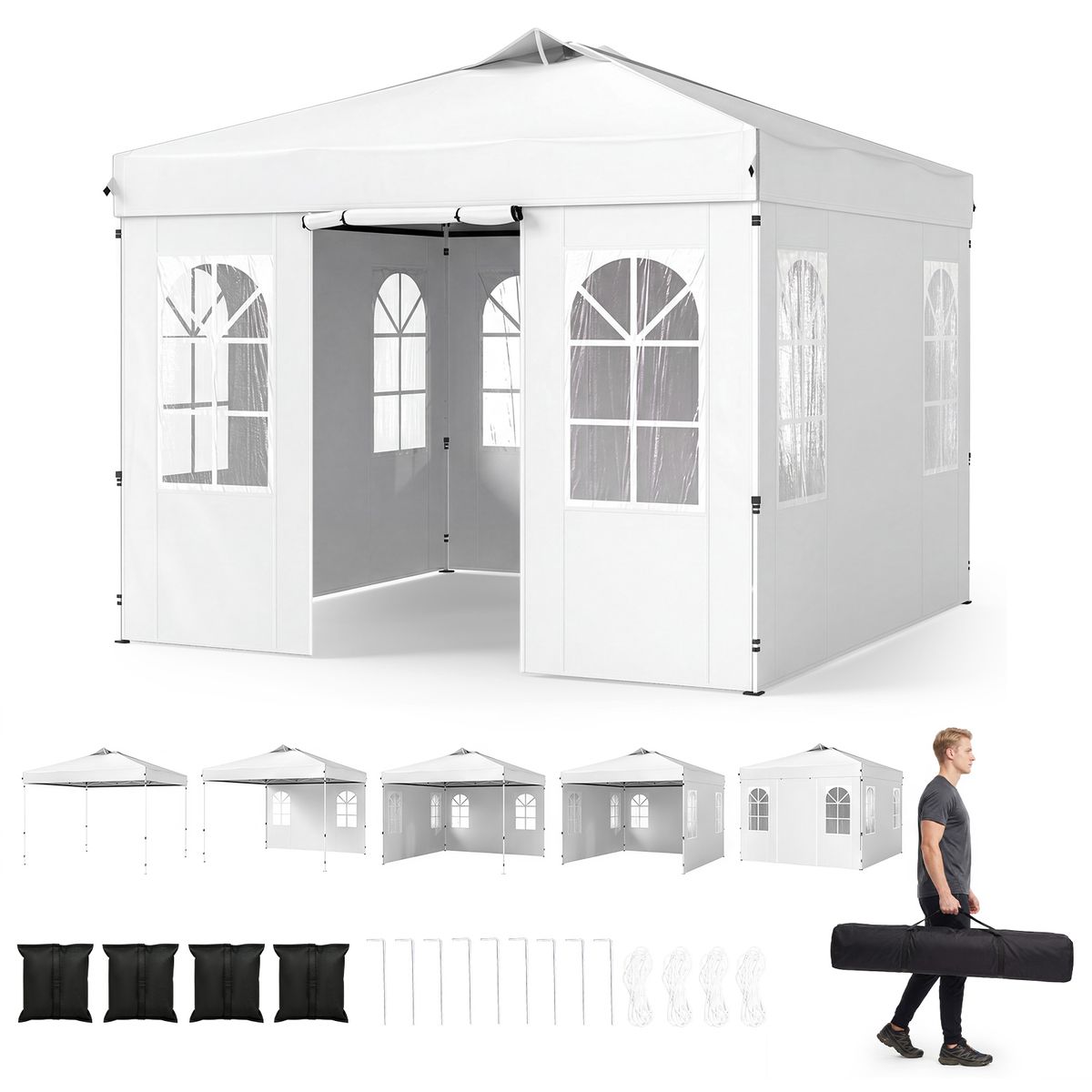 Pavillon de jardin éphémère Coast - hauteur réglable - avec 4 parois latérales amovibles - blanc 3 x 3 mètres