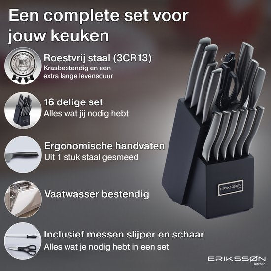 Set de couteaux de cuisine Erikssøn avec bloc de cuisine - 16 pièces - résistant aux rayures - couteaux de cuisine - couteau de chef - couteau à viande - noir