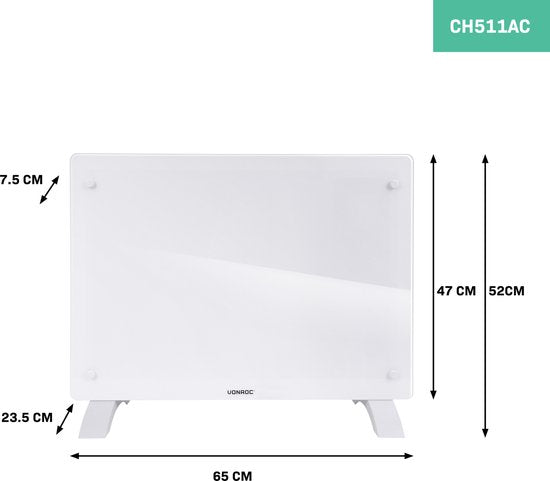 Chauffage électrique - VONROC  - Convecteur avec panneau en verre - 750W/1500W - Jusqu'à 18m2 - Contrôlé par l'application (via Wifi) et manuellement - Blanc