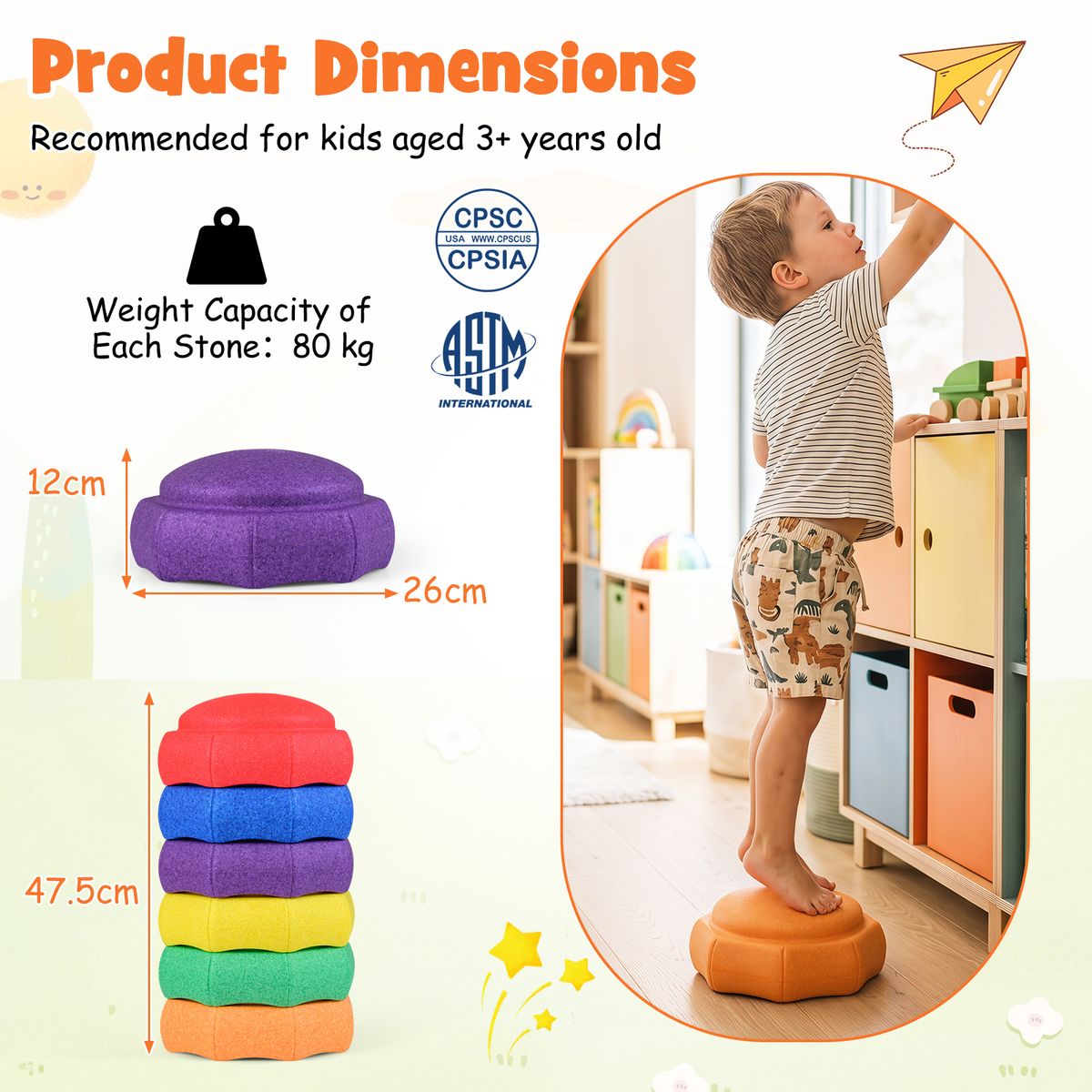 Coast Pierres d'équilibre pour enfants - lot de 6 pièces - antidérapantes - empilables - multicolores