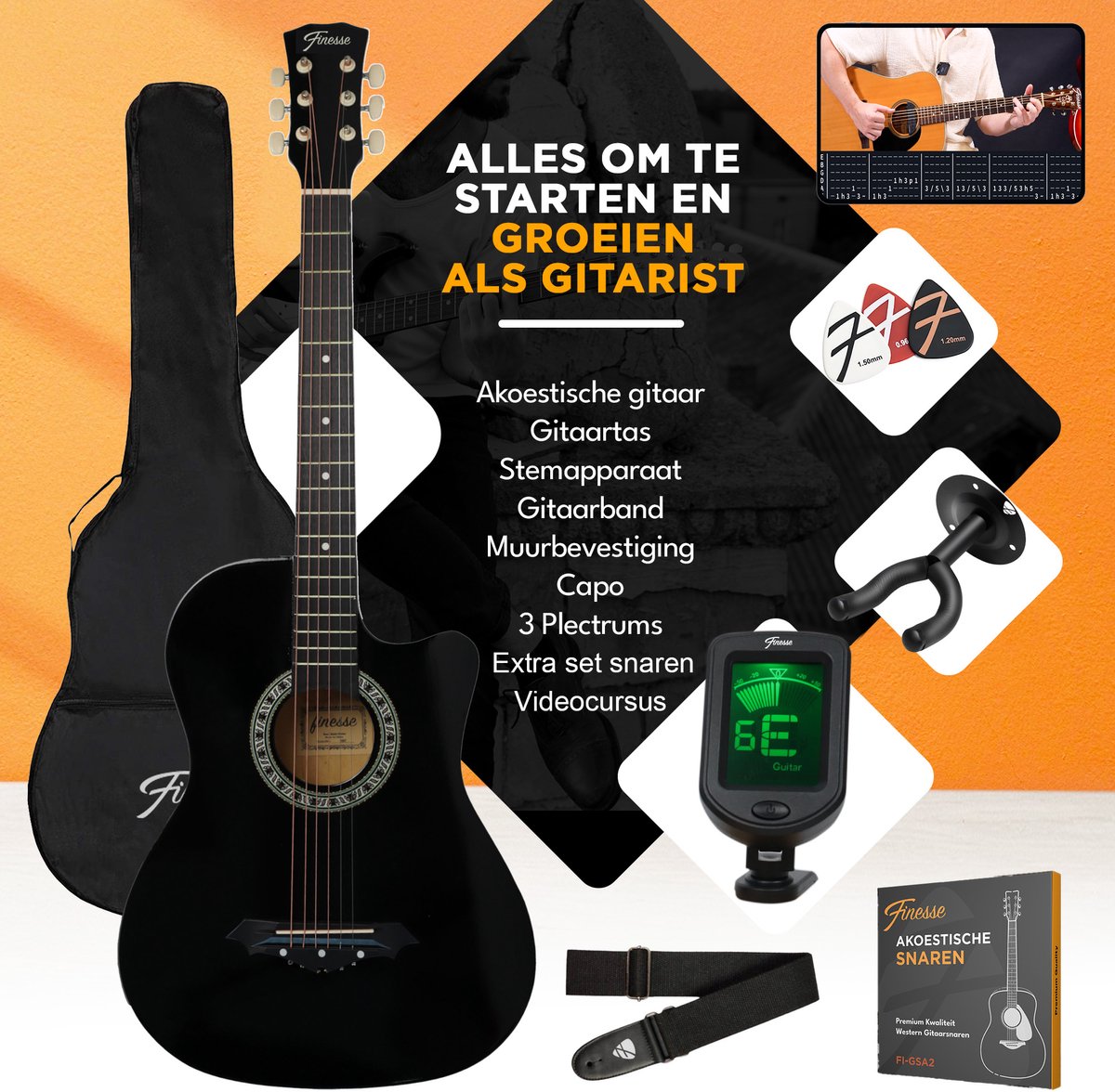 Kit de démarrage pour guitare acoustique Finesse - 38 pouces - Avec accessoires et cours vidéo - Noir