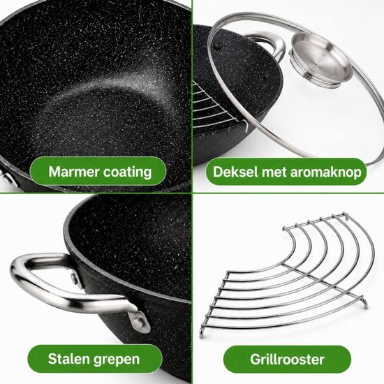 Wok en fonte 28 cm – Sans PFAS – Bouton aromatique – Couvercle – Induction – Wok Wasabi